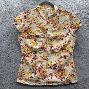 Lapis‎ Large Floral Short Sleeve Shirt Hook & Eye Boho Romantic Summer Vacation
